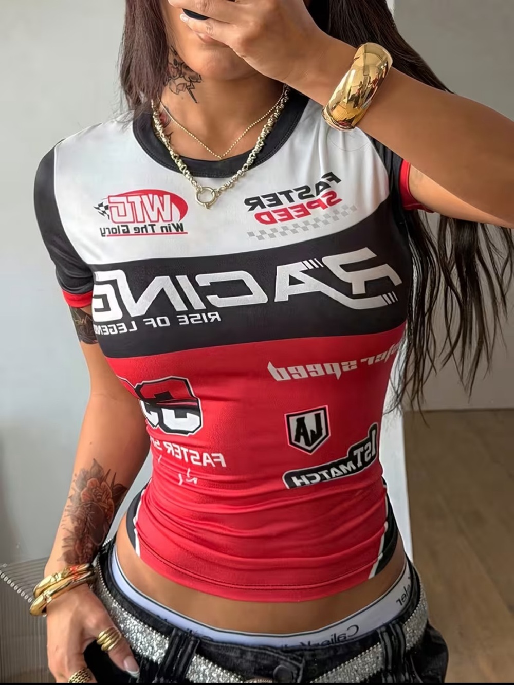 2 Racing Graphic Short Sleeve Top in Red and Black and one in blue and black